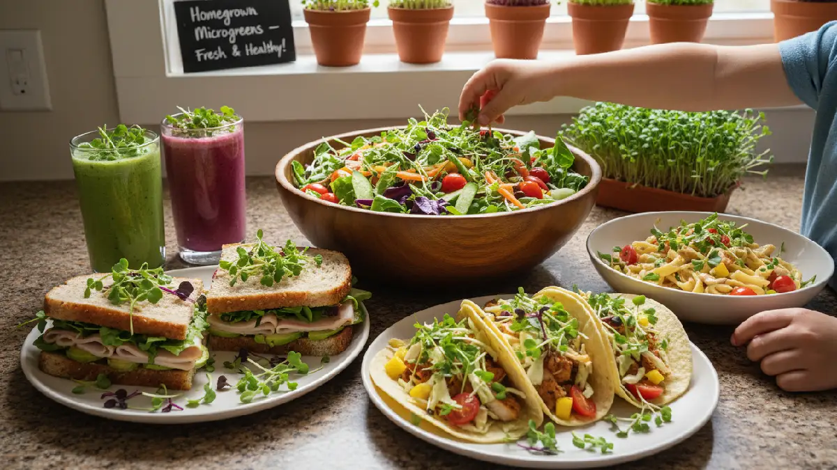 Freshly harvested microgreens sprinkled over salads, sandwiches, tacos, smoothies, and pasta, showing vibrant colors and crisp textures, demonstrate beginner-friendly ways to use homegrown microgreens for healthy meals. 