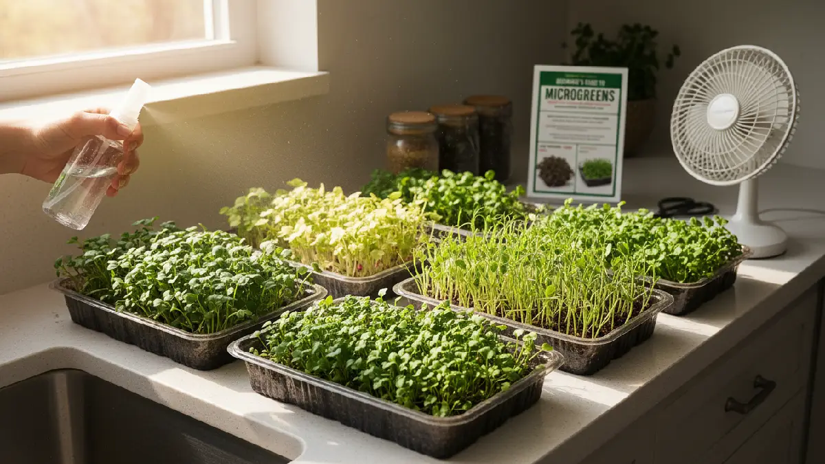 Indoor microgreens trays with healthy green shoots, gentle misting, airflow from a small fan, sunlight on trays, and minor issues like leggy or pale sprouts visible, demonstrating proper care and troubleshooting techniques for beginners. 