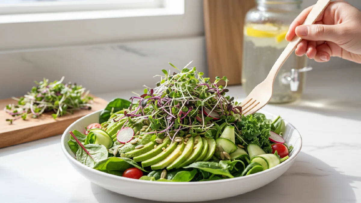 Fresh salad topped with homegrown microgreens, highlighting their vibrant colors, rich nutrients, vitamins, and minerals that support healthy eating and indoor gardening benefits.