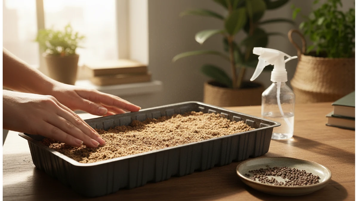 Shallow microgreens tray cleaned and filled with soil or cocopeat, hands preparing medium evenly, tiny seeds ready to be planted, misting spray bottle nearby, showing proper tray and medium preparation for beginners. 