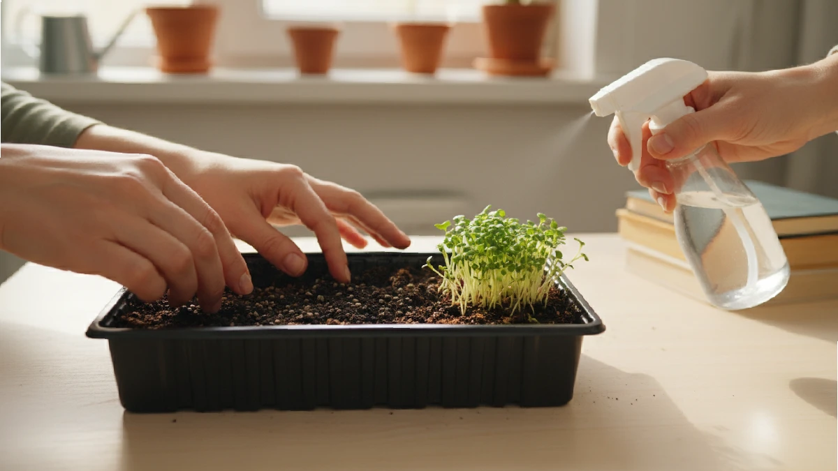 Hands planting microgreen seeds evenly across soil in a shallow tray, maintaining proper spacing, with gentle sunlight and misting, demonstrating correct planting technique for indoor gardening beginners. 
