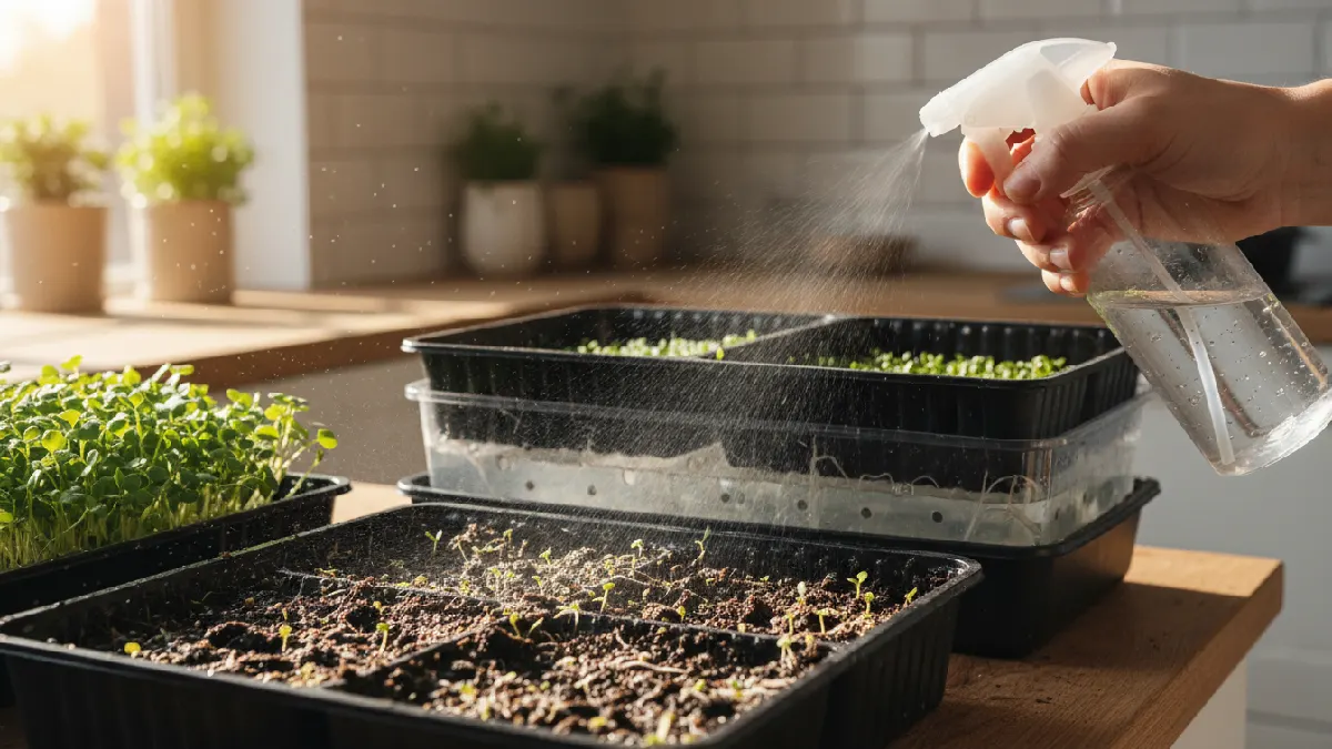 Indoor microgreens are being watered gently using a spray bottle, the soil is lightly damp, the roots are absorbing moisture, showing proper watering and moisture control for healthy growth in beginner-friendly trays. 