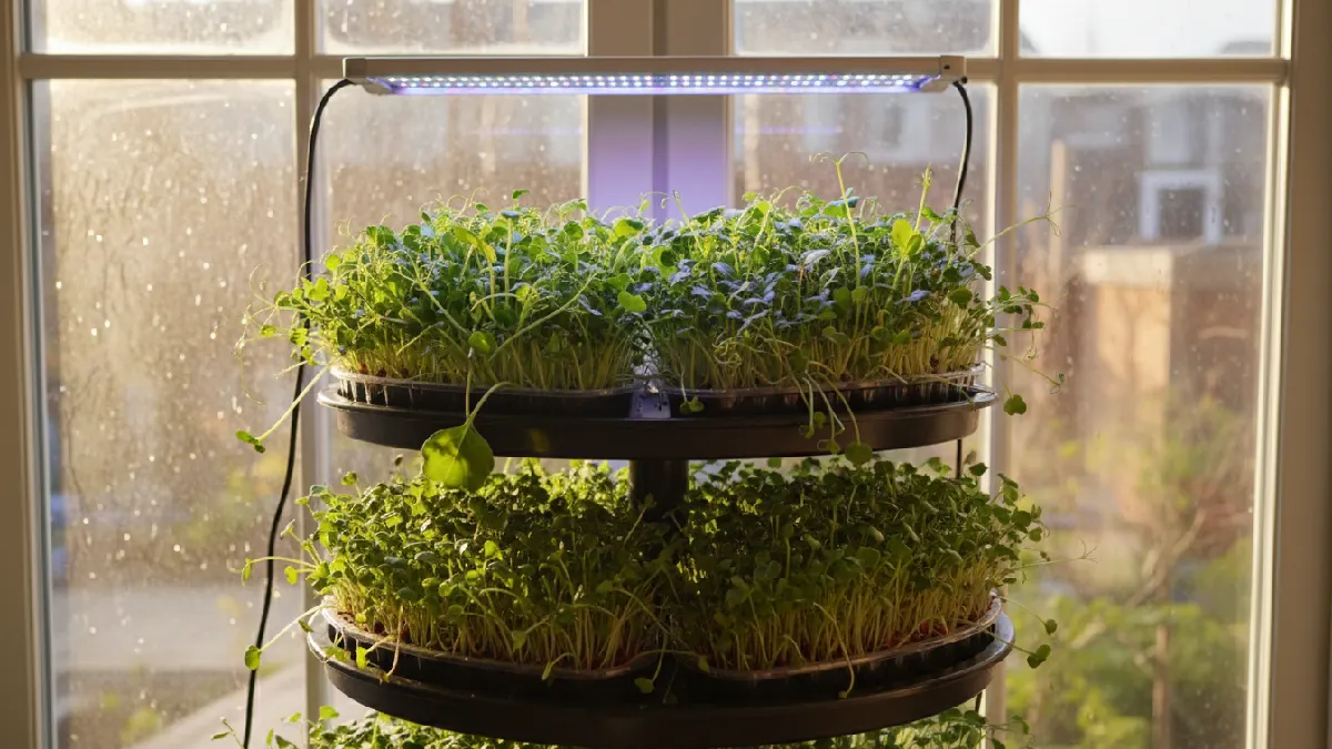 Microgreens trays receiving sunlight from a window and supplemental LED light, leaves stretching and green shoots growing evenly, showing proper light exposure for indoor gardening beginners. 