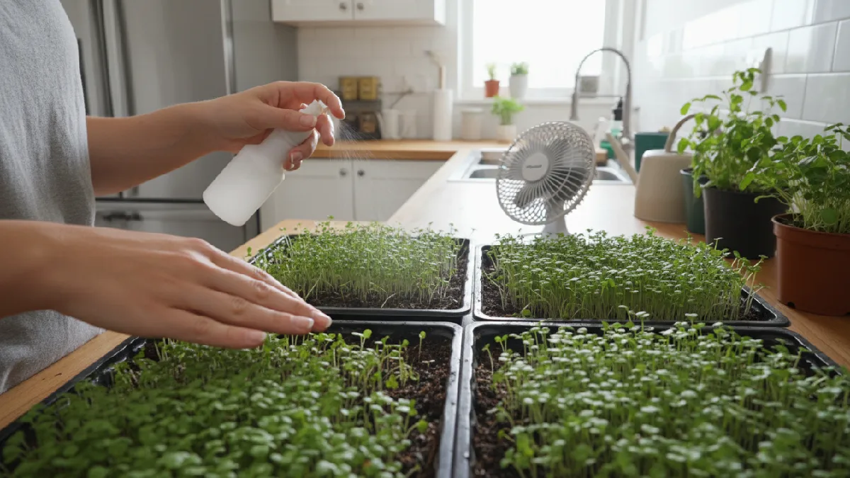 Indoor microgreens are being monitored daily with gentle misting, airflow from a small fan, soil kept moist, green shoots growing strong, demonstrating proper daily care and maintenance for beginners. 