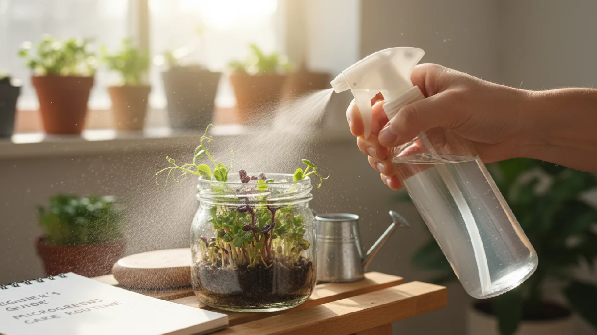 Microgreens in a glass jar being gently misted with a spray bottle, water droplets visible on leaves, showing beginner, friendly indoor care routine with tender sprouts growing strong.