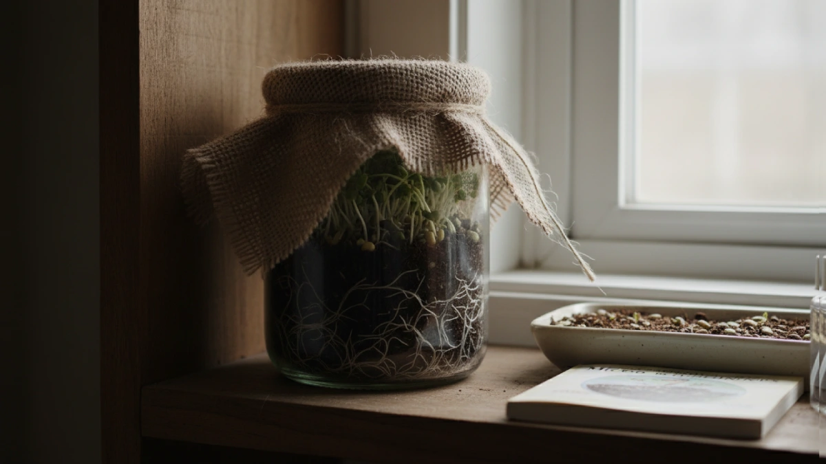 Glass jar covered with cloth in a dark corner for germination, tiny sprouts hidden and roots grabbing medium, demonstrating beginner, friendly indoor microgreens jar setup for optimal growth.