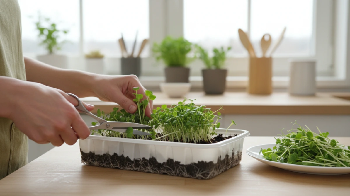 Hands harvesting microgreens gently with scissors above the soil, vibrant leaves ready to eat, roots left behind, freshly harvested shoots on a plate, demonstrating proper harvesting technique for beginners.