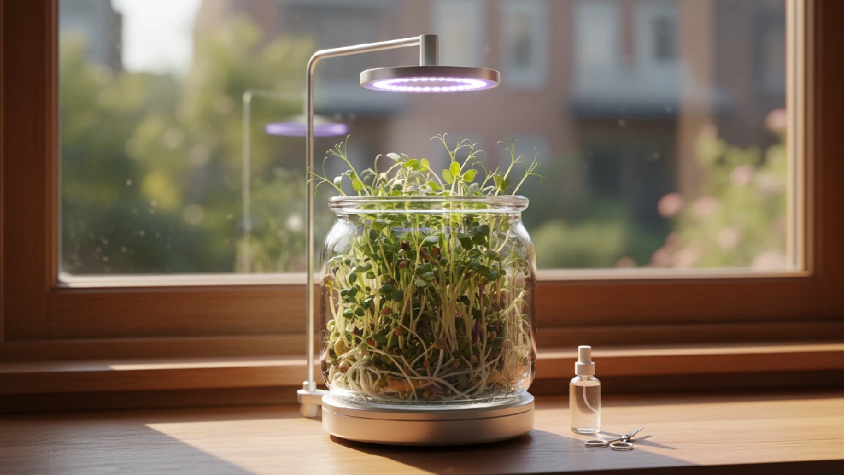 Glass jar with microgreens on windowsill under sunlight and LED light, showing rotation for even growth, tender green leaves, compact beginner, friendly indoor gardening setup.