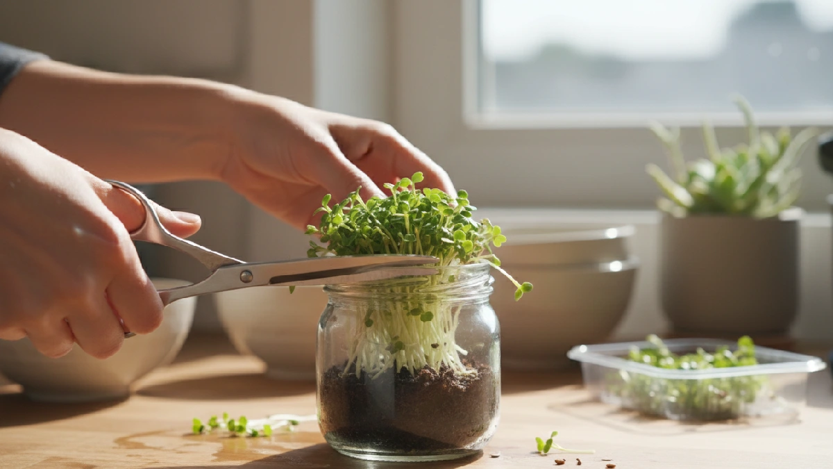 Hands cutting fresh microgreens above medium in a glass jar with scissors, tender green shoots visible, bright sunlight, showing clean, compact, and beginner, friendly indoor microgreens harvesting setup.