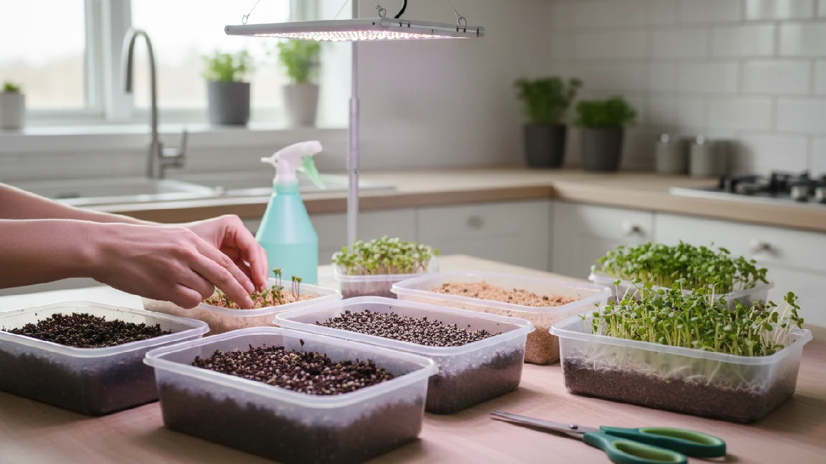 Indoor microgreens setup showing shallow trays with soil or coir, seeds being planted, sunlight, and LED grow lights, a spray bottle for misting, and scissors for harvesting, demonstrating beginner-friendly step-by-step indoor gardening. 