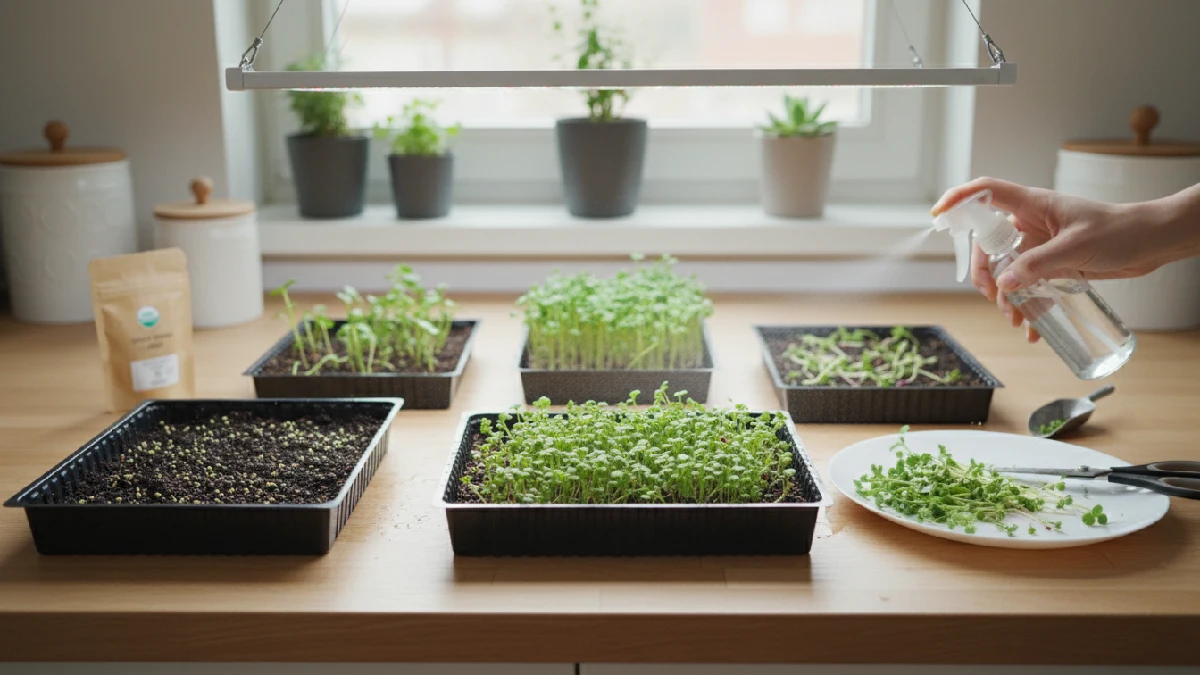 Step-by-step microgreens growing setup showing trays, soil, seeds, watering tools, lighting, and harvesting equipment arranged for beginners at home.