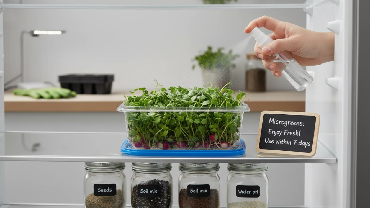Fresh microgreens stored in a clear airtight container in the fridge, misted, showing vibrant leaves, proper storage technique, short shelf-life awareness, and beginner-friendly homegrown microgreens care. 