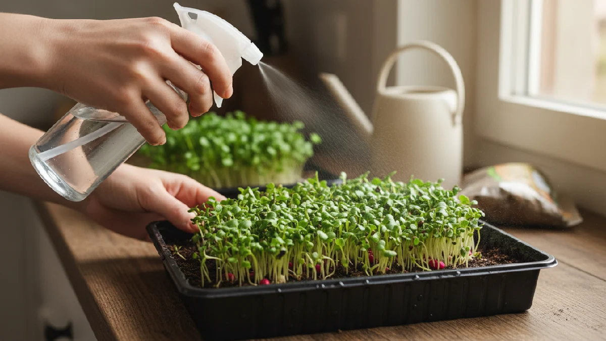 Hands misting microgreens with a spray bottle, demonstrating correct watering technique to keep soil moist without overwatering for healthy indoor growth.