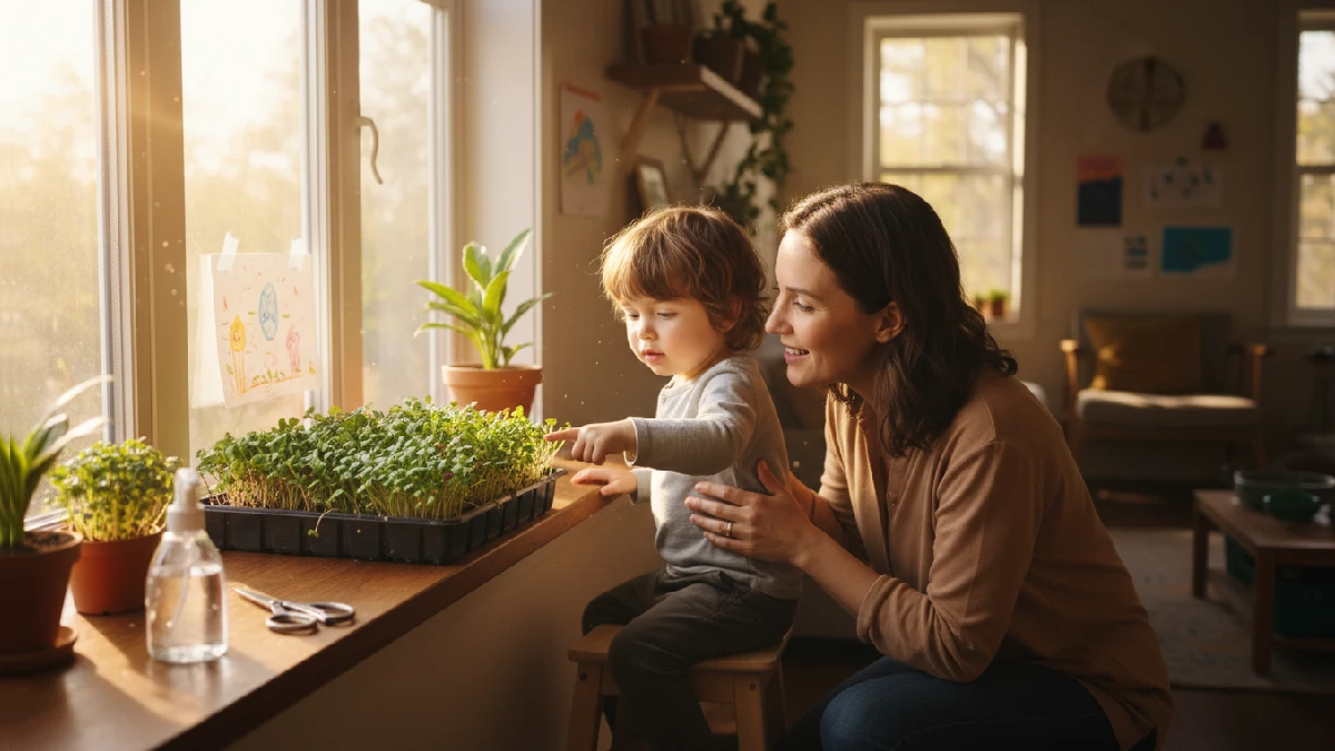 Indoor microgreens tray placed on a windowsill with sunlight, showing easy home growing, space-saving benefits, and a family-friendly indoor gardening experience.