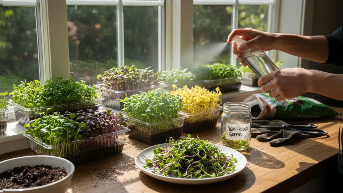 Indoor home kitchen showing colorful microgreens growing on a windowsill, freshly harvested leaves on a plate, hands misting gently, emphasizing freshness, easy beginner gardening, flavor, nutrition, and year-round indoor growth. 