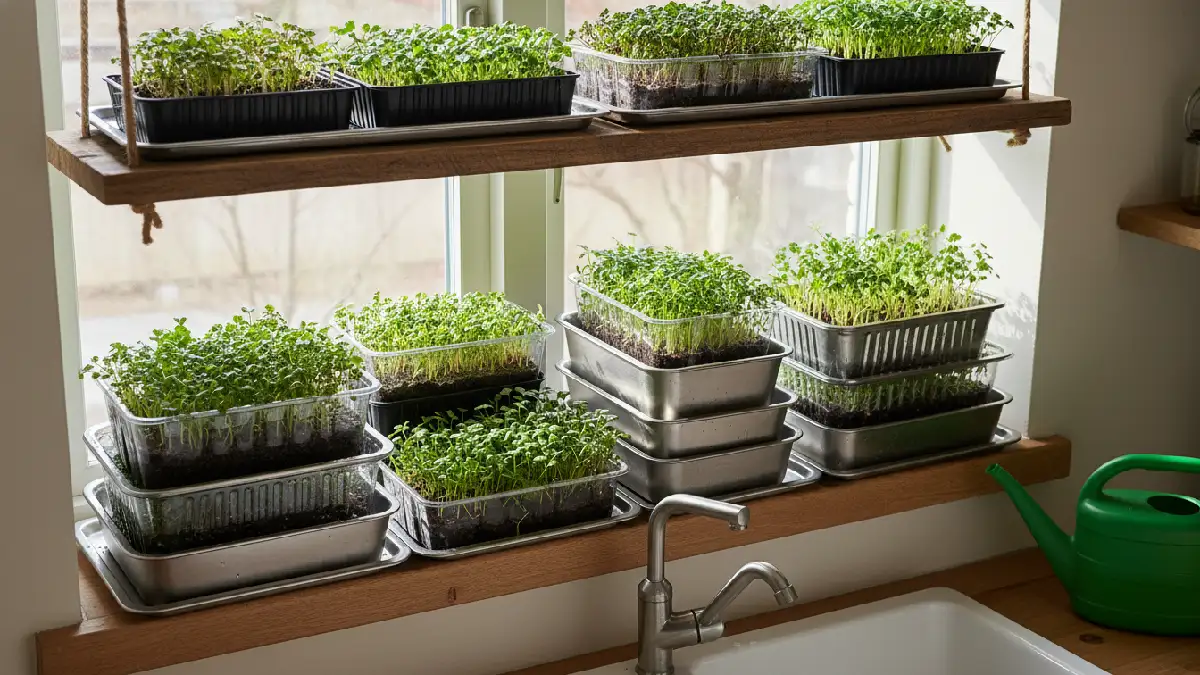 Shallow plastic and metal microgreen trays on a windowsill and shelf with drainage holes, holding tiny green plants, ready for indoor home growing. 