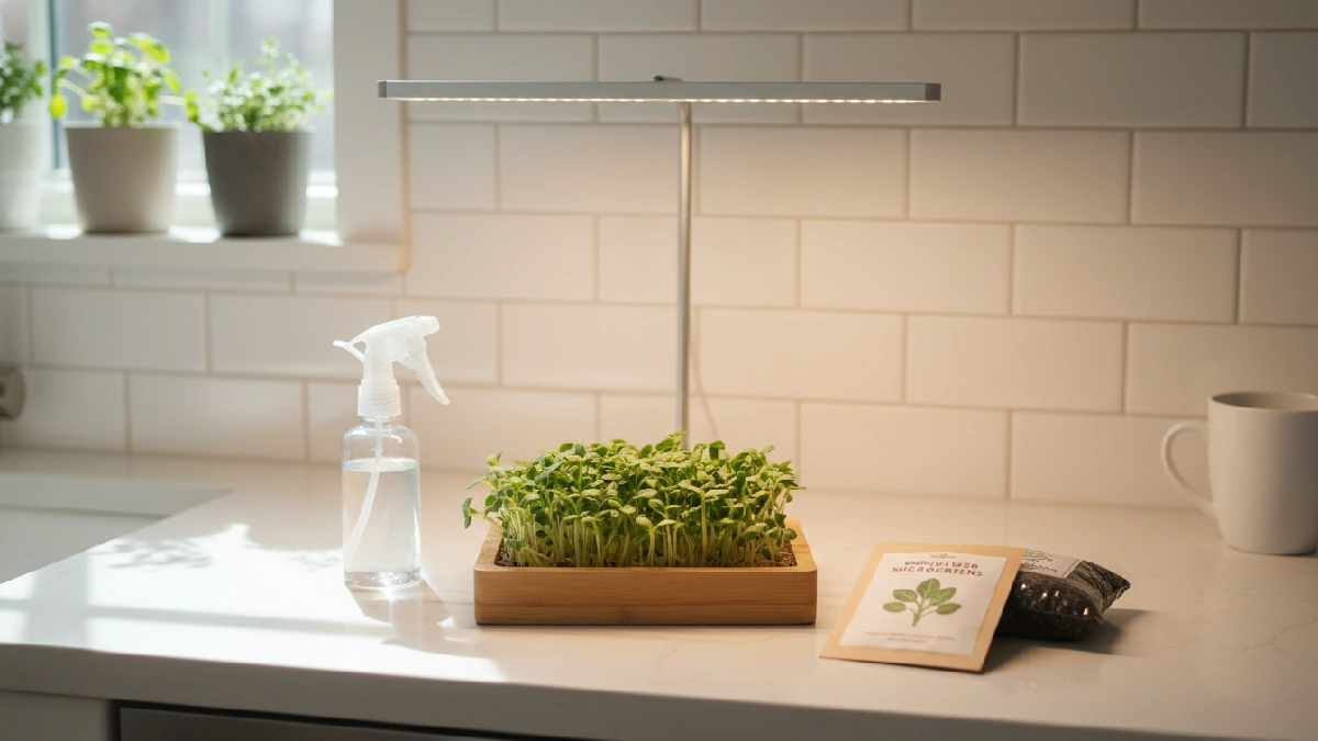 A small tray of microgreens on a kitchen counter with seeds, growing medium, spray bottle, and LED light, showing all essential tools for home growing. 