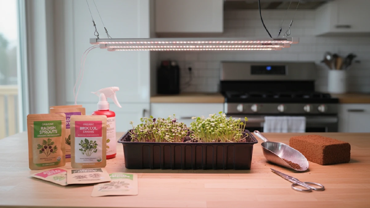 Shallow tray with seeds, growing medium, spray bottle, scissors, and grow lights arranged on a kitchen counter, showing tools for home microgreens gardening.