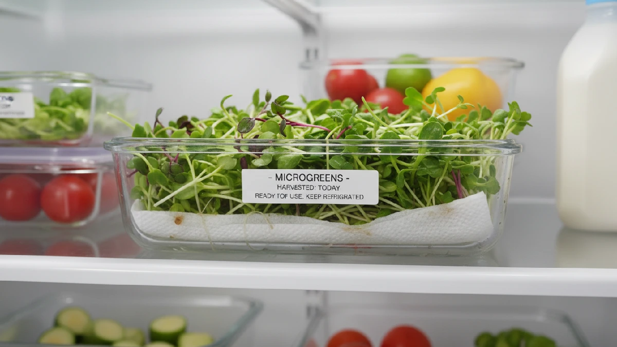 Tray of homegrown microgreens stored in an airtight container with a paper towel inside to absorb moisture, keeping leaves crisp and fresh for up to a week. 