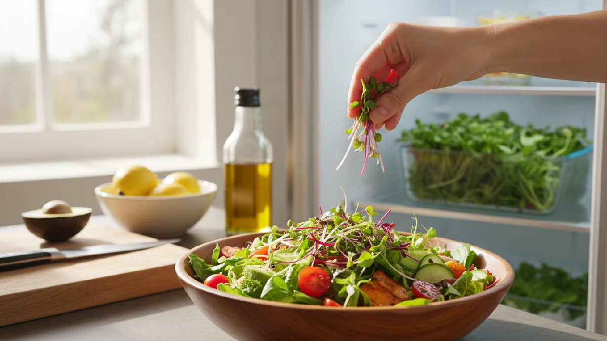 Fresh microgreens on salad, some stored in airtight fridge container, vibrant green leaves, indoor kitchen setup, showing usage and proper storage for beginners.