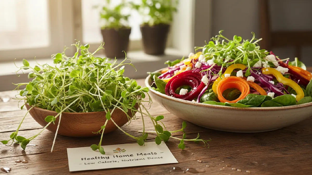 Fresh microgreens on a salad, highlighting low-calorie nutrition, packed with vitamins, minerals, and antioxidants, showing crisp, vibrant homegrown leaves for healthy meals. 