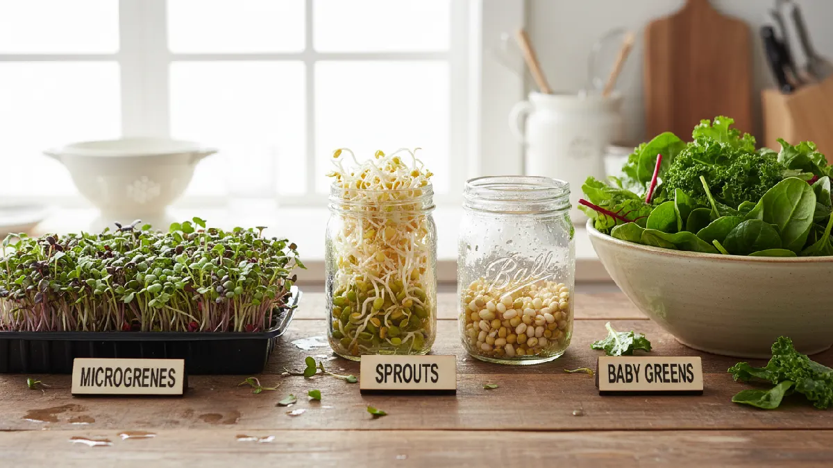 Side-by-side view of microgreens, sprouts, and baby greens; tiny green microgreens, soft sprouts, and bigger mild baby greens, showing differences in size, growth, and nutrition.