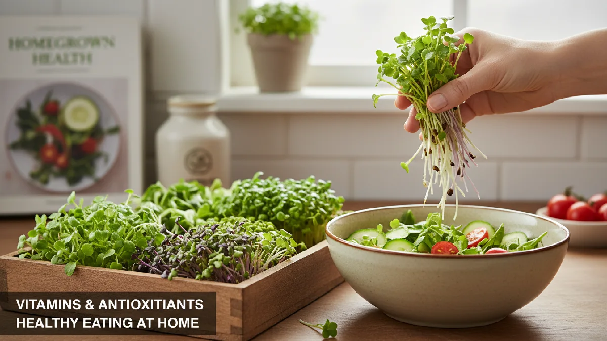 Fresh microgreens with bright green leaves are added to a salad, showcasing their high vitamin and antioxidant content, emphasizing quick nutritional benefits and homegrown freshness. 