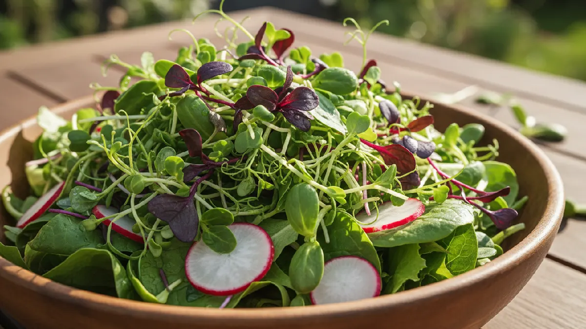 Fresh microgreens are used in a salad, with mixed colors and textures from radish, sunflower, and pea shoots, enhancing flavor, crunch, and visual appeal. 