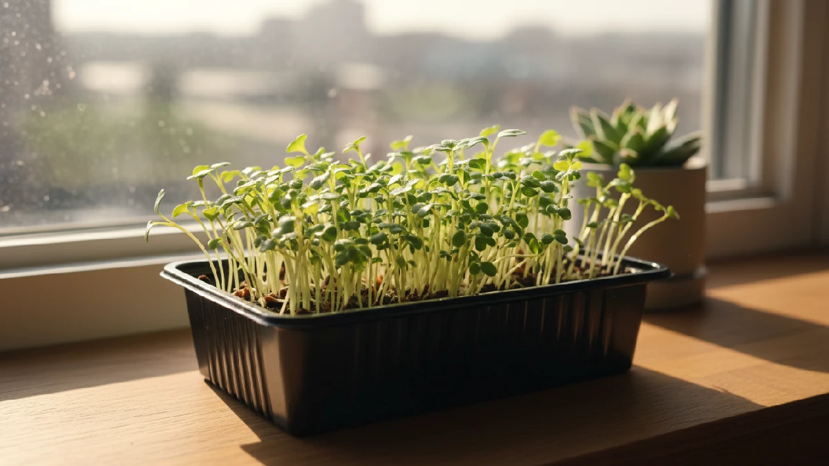 Broccoli microgreens growing in a tray with thin stems and small green leaves, sunlight shining softly; tender, fresh, ready to harvest in about a week.