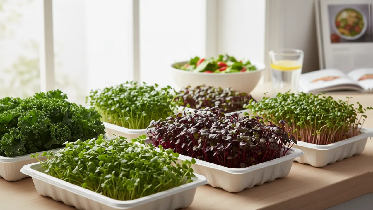 Nutrient, dense microgreens, including kale, broccoli, beet, red cabbage, and radis,h growing indoors in shallow trays, showing vibrant colors and representing vitamins, antioxidants, and health-focused home gardening goals. 