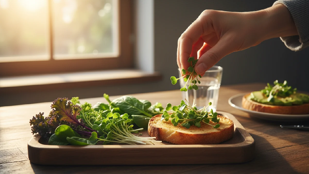 Kale, spinach, and broccoli microgreens on toast, emphasizing their high vitamins A, C, and K content, freshness, and quick homegrown nutritional benefits. 