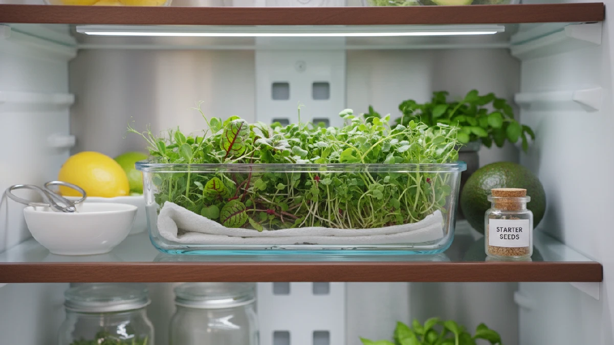 Fresh microgreens in an airtight fridge container with paper towel underneath, keeping leaves crisp and green, showing proper storage for home gardeners.
