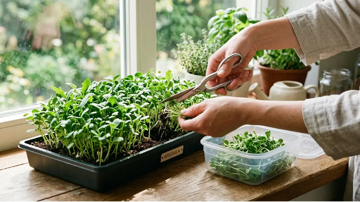 Hands harvesting and storing crisp microgreens in ventilated container from indoor tray, leaves tender and vibrant green.