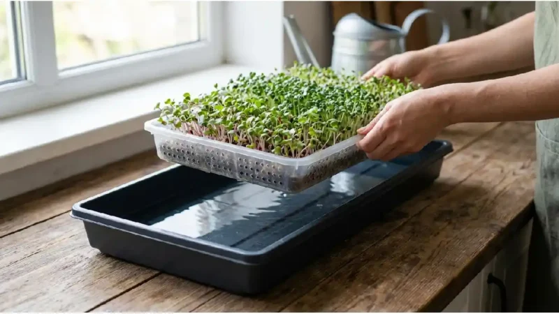 bottom watering method for microgreens growing trays