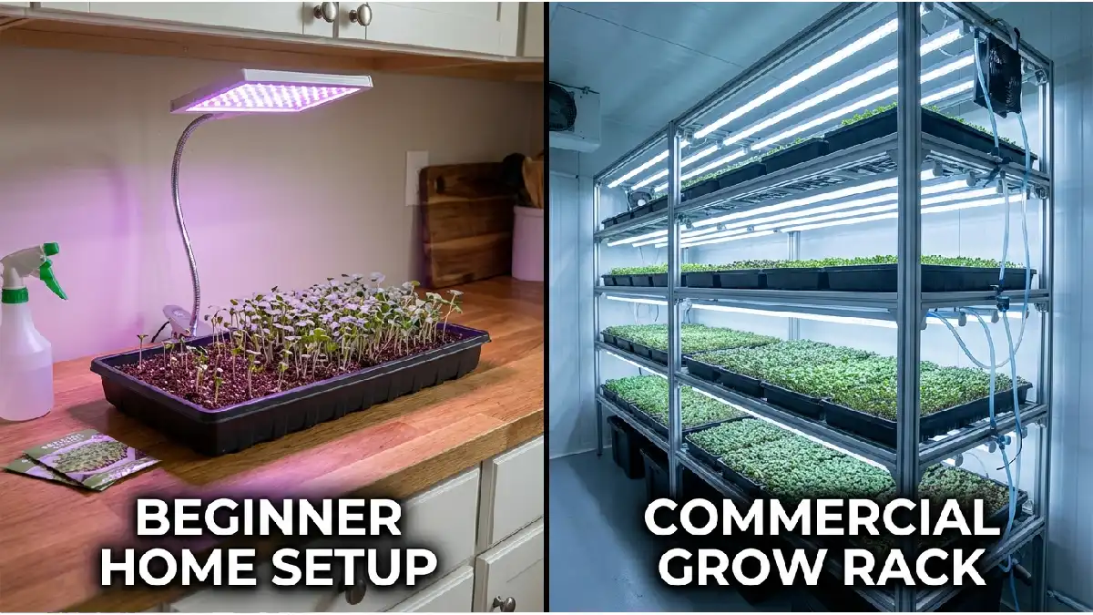 beginner vs commercial microgreens grow light setup