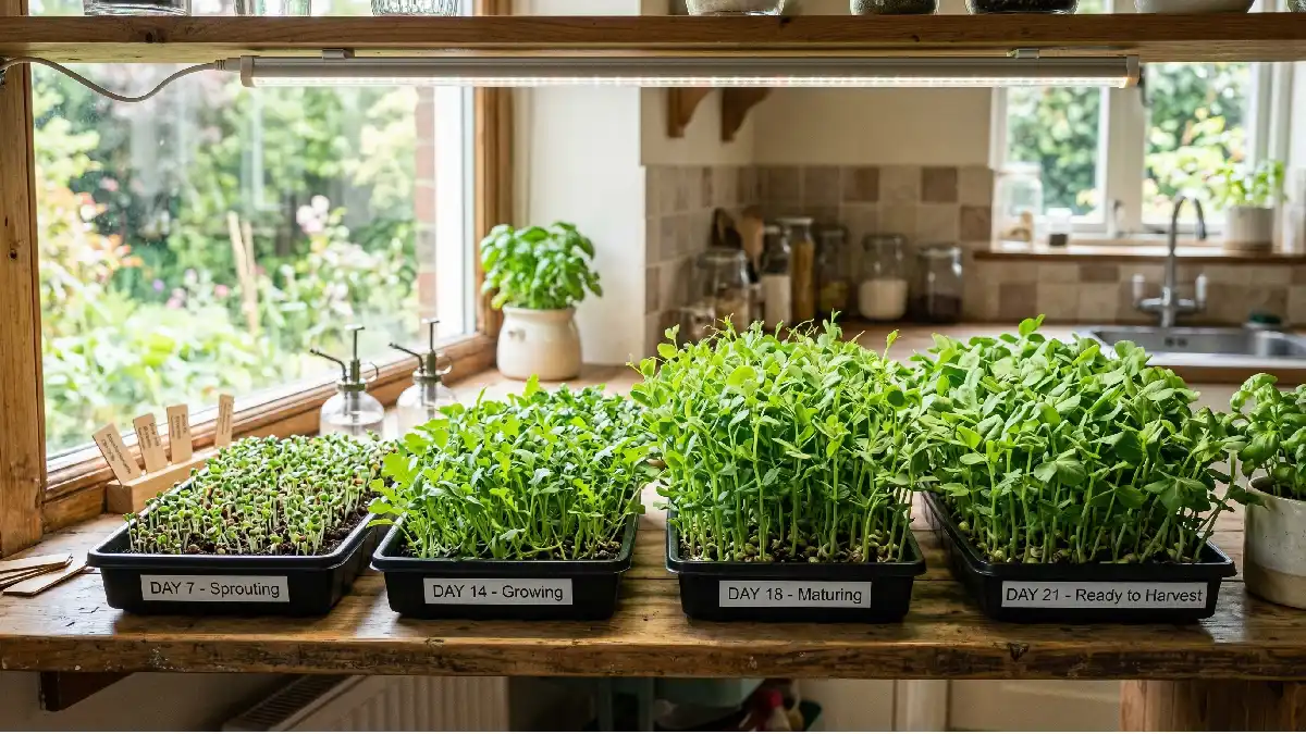 Microgreens growing from seeds to green shoots in trays indoors over 7to 21 days, bright, healthy leaves under sunlight and LED light. 