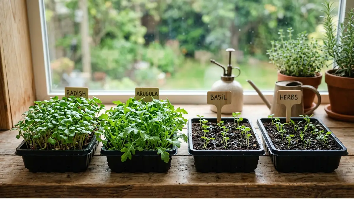 Indoor microgreens trays showing fast-growing radish and arugula alongside slower-growing basil and herbs, tiny green leaves and stems emerging, natural window light, healthy home gardening setup.