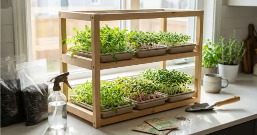 Indoor microgreens growing kit on windowsill with fresh green sprouts, beginner setup, natural light, healthy leaves, simple home gardening solution.