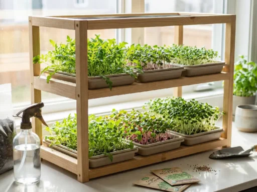 Indoor microgreens growing kit on windowsill with fresh green sprouts, beginner setup, natural light, healthy leaves, simple home gardening solution.