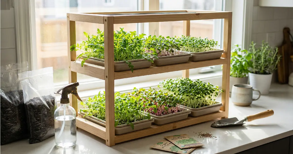 Indoor microgreens growing kit on windowsill with fresh green sprouts, beginner setup, natural light, healthy leaves, simple home gardening solution.