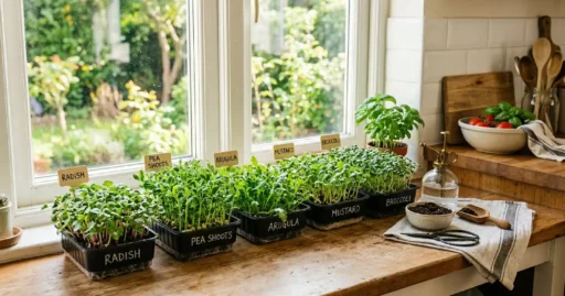 Growing microgreens indoors for beginners on sunny windowsill, fresh green trays, simple setup, healthy shoots, natural light, easy home gardening method.