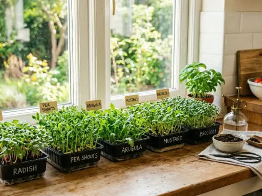 Growing microgreens indoors for beginners on sunny windowsill, fresh green trays, simple setup, healthy shoots, natural light, easy home gardening method.