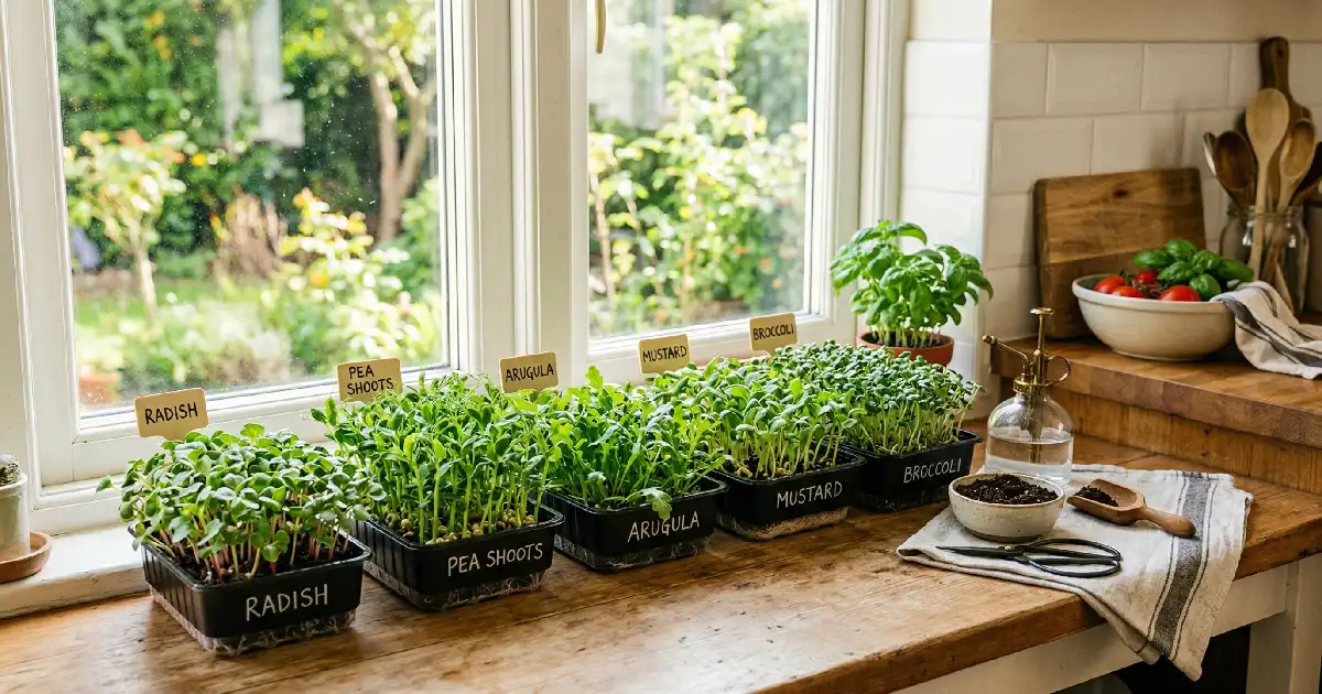 Growing microgreens indoors for beginners on sunny windowsill, fresh green trays, simple setup, healthy shoots, natural light, easy home gardening method.