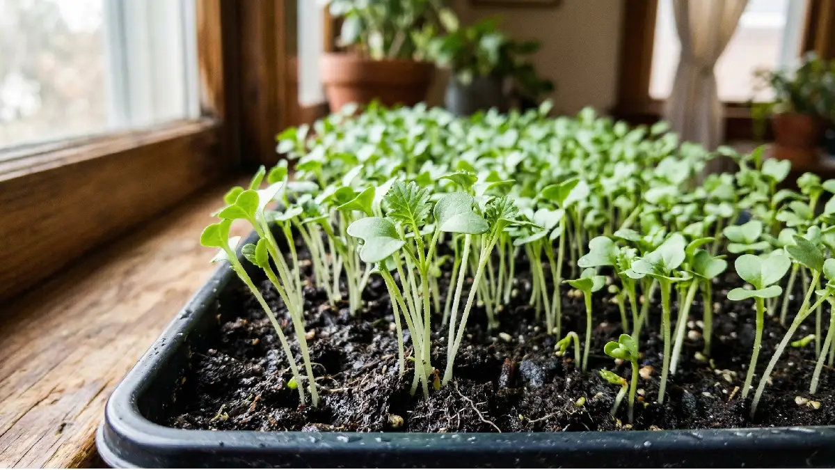 Young microgreens showing first true leaves in a shallow tray, delicate green stems growing indoors under soft natural window light.