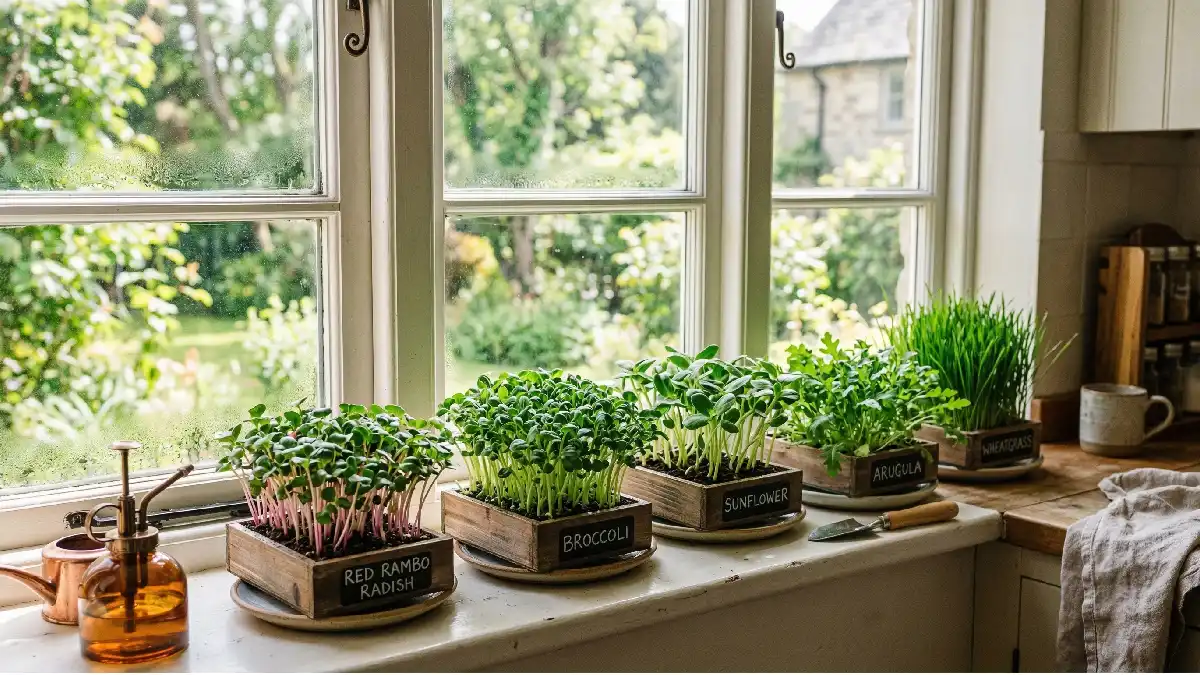 Fresh microgreens growing indoors on trays near the window, bright green shoots, healthy home gardening, small space, nutritious plants. 