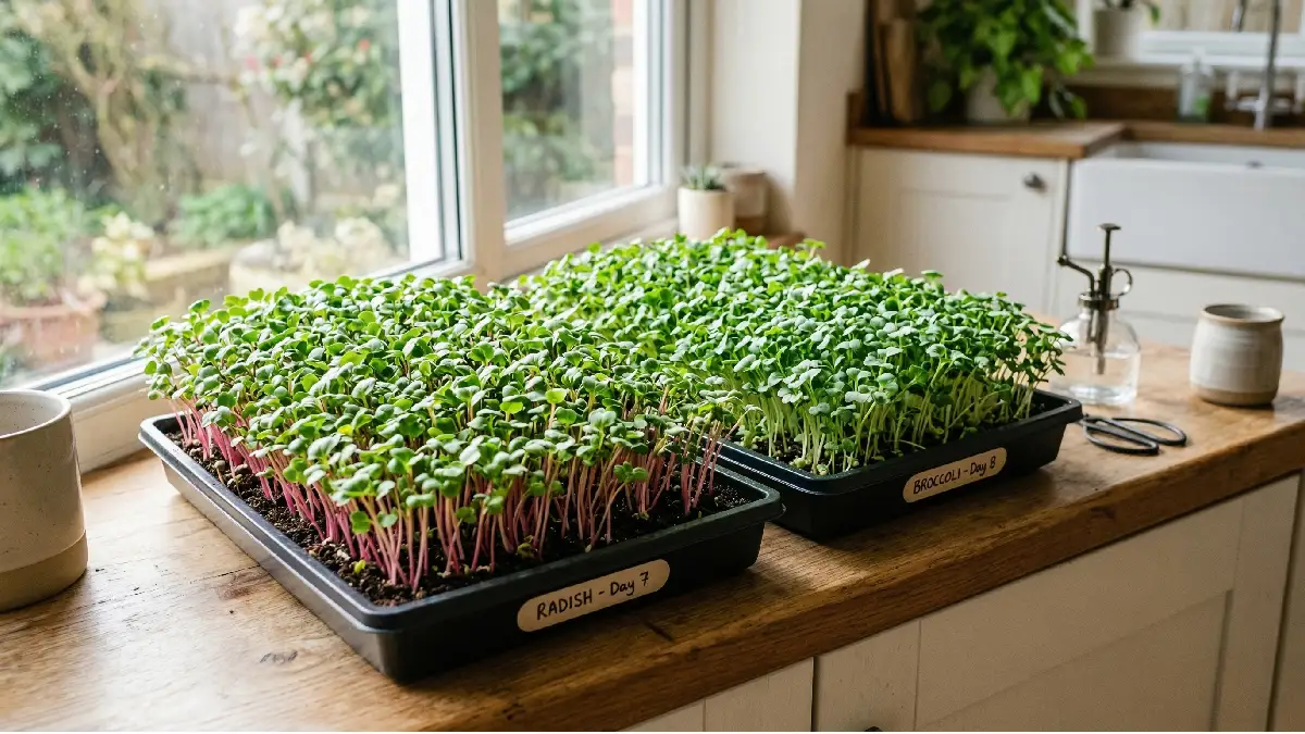 Radish and broccoli microgreens growing in indoor trays, tiny green shoots under sunlight, beginner-friendly, clean kitchen windowsill setup, fresh and healthy. 