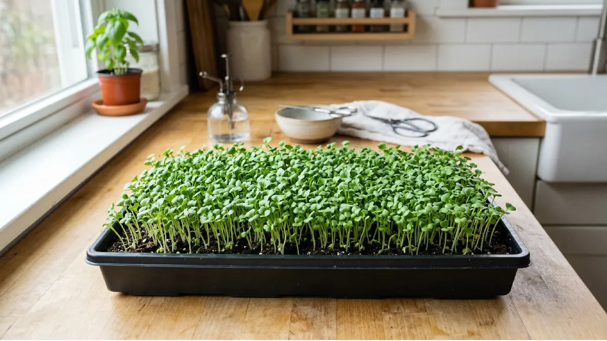 Broccoli microgreens growing in an indoor tray, vibrant green leaves, crisp stems, tiny shoots, sunlight or LED, healthy beginner-friendly setup. 