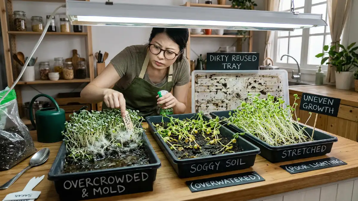 Microgreens mistakes showing overcrowding, mold, overwatering, weak stems, poor lighting, uneven growth, and dirty trays affecting healthy indoor plant development.