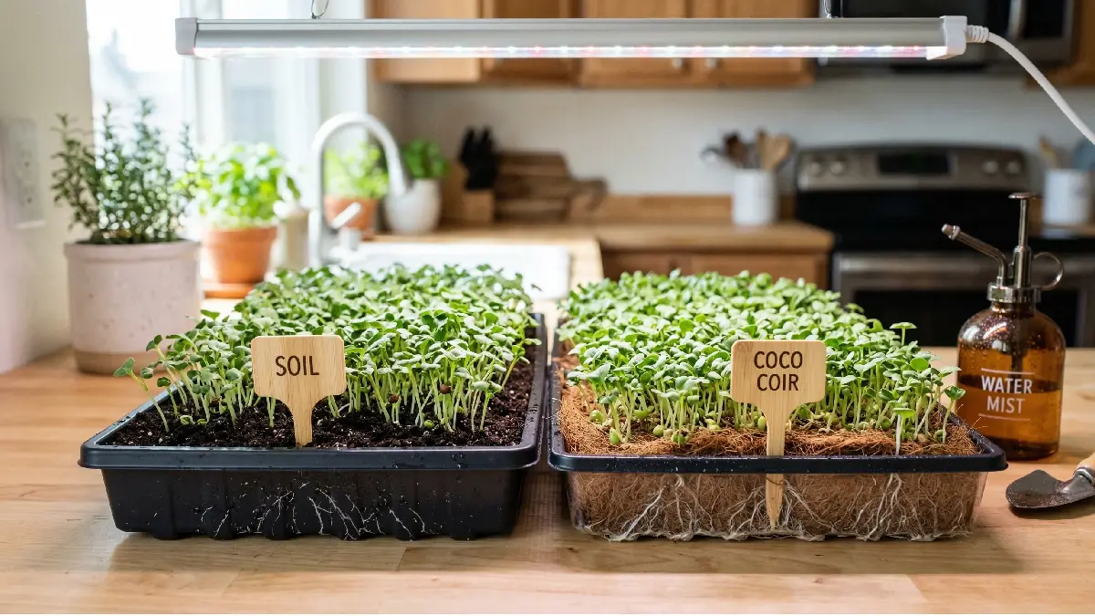 Microgreens growing in soil and coco coir trays indoors, tiny shoots emerging, misting spray bottles, clean beginner-friendly kitchen setup. 