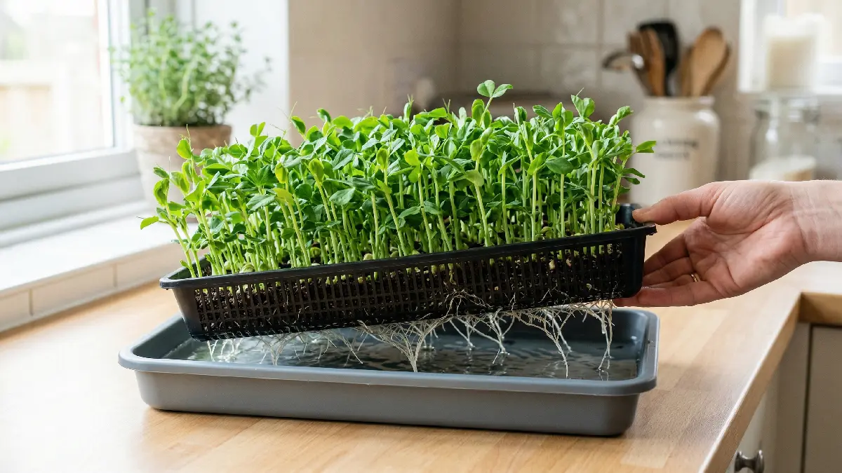Microgreens trays being bottom watered, moist soil, healthy green shoots, proper watering balance, preventing overwatering, clean indoor beginner-friendly setup.